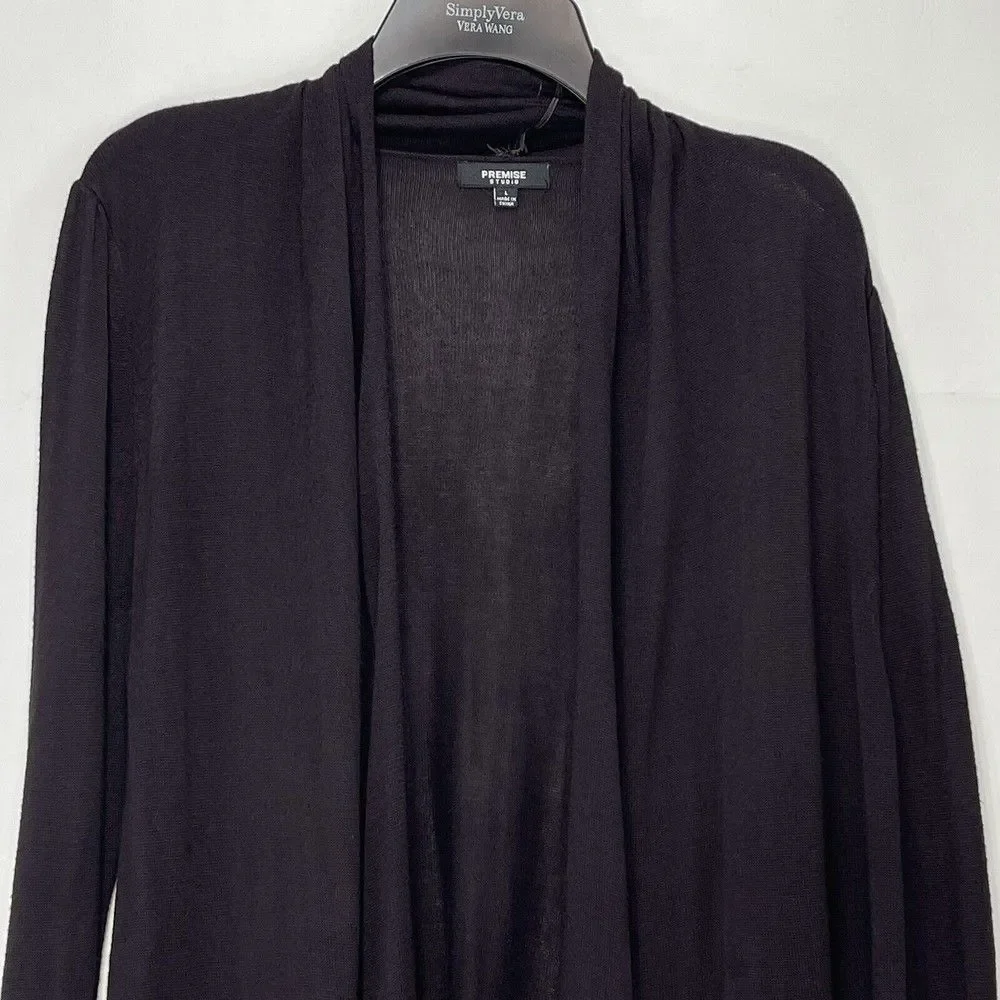 Premise Studio Women Cardigan L Brown Open Ruched Sleeve Cardigan Sweater
